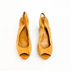 Tory Burch Tan Suede Peep Toe Wedge Slingback Sandals Size 8